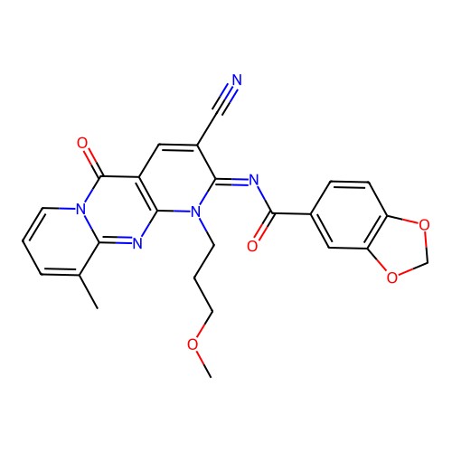 (E)-N-(3-cyano-1-(3-methoxypropyl)-10-methyl-5-oxo-1H-dipyrido[1,2-a:2',3'-d]pyrimidin-2(5H)-ylidene)benzo[d][1,3]dioxole-5-carboxamide structure
