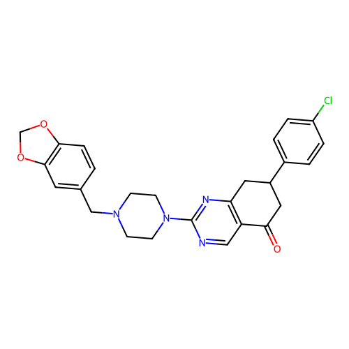 2-[4-(1,3-benzodioxol-5-ylmethyl)piperazin-1-yl]-7-(4-chlorophenyl)-7,8-dihydroquinazolin-5(6H)-one structure