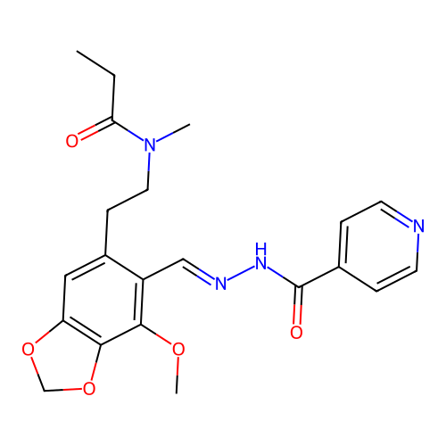 (E)-N-(2-(6-((2-isonicotinoylhydrazono)methyl)-7-methoxybenzo[d][1,3]dioxol-5-yl)ethyl)-N-methylpropionamide structure