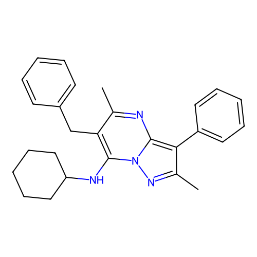 6-benzyl-N-cyclohexyl-2,5-dimethyl-3-phenylpyrazolo[1,5-a]pyrimidin-7-amine structure
