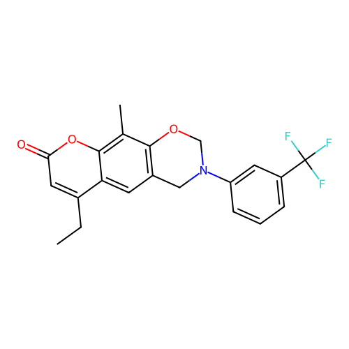 6-ethyl-10-methyl-3-(3-(trifluoromethyl)phenyl)-3,4-dihydrochromeno[6,7-e][1,3]oxazin-8(2H)-one structure
