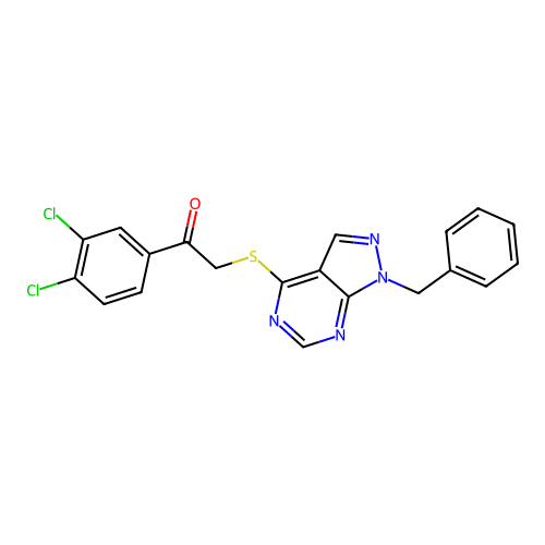 2-((1-benzyl-1H-pyrazolo[3,4-d]pyrimidin-4-yl)thio)-1-(3,4-dichlorophenyl)ethanone structure