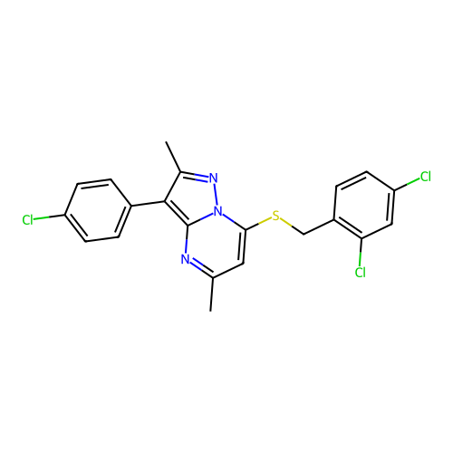 3-(4-chlorophenyl)-7-[(2,4-dichlorobenzyl)sulfanyl]-2,5-dimethylpyrazolo[1,5-a]pyrimidine structure
