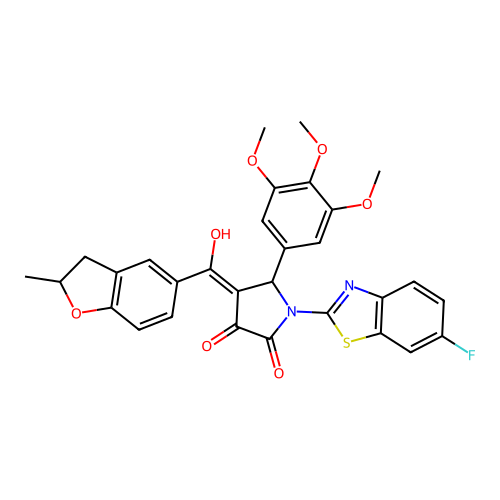 (4E)-1-(6-fluoro-1,3-benzothiazol-2-yl)-4-[hydroxy(2-methyl-2,3-dihydro-1-benzofuran-5-yl)methylidene]-5-(3,4,5-trimethoxyphenyl)pyrrolidine-2,3-dione structure