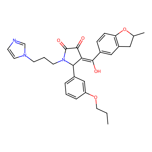 (4E)-4-[hydroxy-(2-methyl-2,3-dihydro-1-benzofuran-5-yl)methylidene]-1-(3-imidazol-1-ylpropyl)-5-(3-propoxyphenyl)pyrrolidine-2,3-dione structure