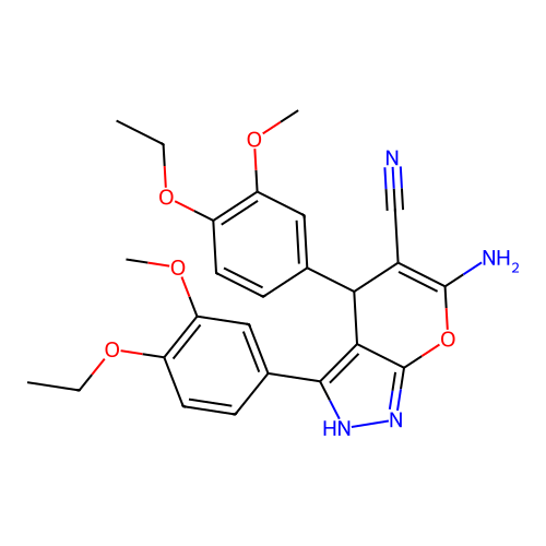 6-amino-3,4-bis(4-ethoxy-3-methoxyphenyl)-2,4-dihydropyrano[2,3-c]pyrazole-5-carbonitrile structure