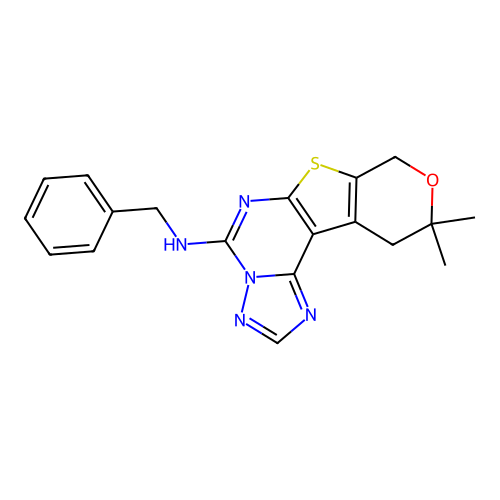 N-benzyl-10,10-dimethyl-10,11-dihydro-8H-pyrano[4',3':4,5]thieno[3,2-e][1,2,4]triazolo[1,5-c]pyrimidin-5-amine structure