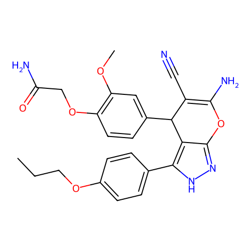 2-(4-(6-amino-5-cyano-3-(4-propoxyphenyl)-1,4-dihydropyrano[2,3-c]pyrazol-4-yl)-2-methoxyphenoxy)acetamide structure