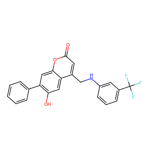 6-hydroxy-7-phenyl-4-{[3-(trifluoromethyl)anilino]methyl}-2H-chromen-2-one structure