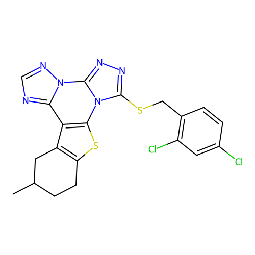 7-((2,4-dichlorobenzyl)thio)-12-methyl-10,11,12,13-tetrahydrobenzo[4,5]thieno[3,2-e]bis([1,2,4]triazolo)[4,3-a:1',5'-c]pyrimidine structure