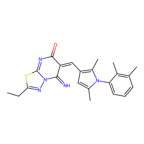 (6E)-6-[[1-(2,3-dimethylphenyl)-2,5-dimethylpyrrol-3-yl]methylidene]-2-ethyl-5-imino-[1,3,4]thiadiazolo[3,2-a]pyrimidin-7-one structure