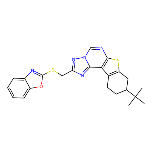 2-(((9-(tert-butyl)-8,9,10,11-tetrahydrobenzo[4,5]thieno[3,2-e][1,2,4]triazolo[1,5-c]pyrimidin-2-yl)methyl)thio)benzo[d]oxazole structure