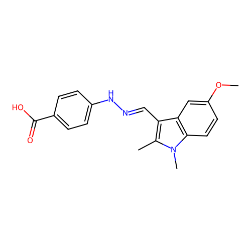 (E)-4-(2-((5-methoxy-1,2-dimethyl-1H-indol-3-yl)methylene)hydrazinyl)benzoic acid structure