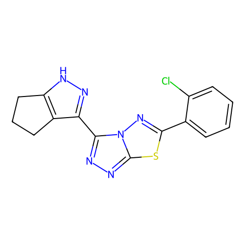 6-(2-chlorophenyl)-3-(1,4,5,6-tetrahydrocyclopenta[c]pyrazol-3-yl)-[1,2,4]triazolo[3,4-b][1,3,4]thiadiazole structure