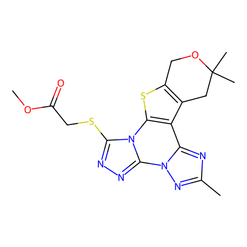 methyl [(2,12,12-trimethyl-12,13-dihydro-10H-pyrano[4',3':4,5]thieno[3,2-e]bis[1,2,4]triazolo[4,3-a:1',5'-c]pyrimidin-7-yl)sulfanyl]acetate structure