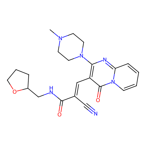 (2E)-2-cyano-3-[2-(4-methylpiperazin-1-yl)-4-oxo-4H-pyrido[1,2-a]pyrimidin-3-yl]-N-(tetrahydrofuran-2-ylmethyl)prop-2-enamide structure