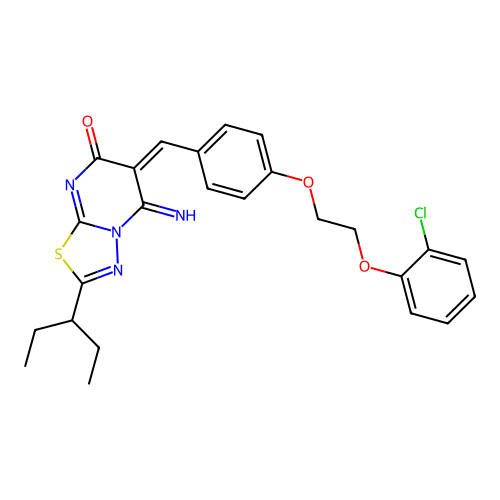 (6E)-6-[[4-[2-(2-chlorophenoxy)ethoxy]phenyl]methylidene]-5-imino-2-pentan-3-yl-[1,3,4]thiadiazolo[3,2-a]pyrimidin-7-one structure