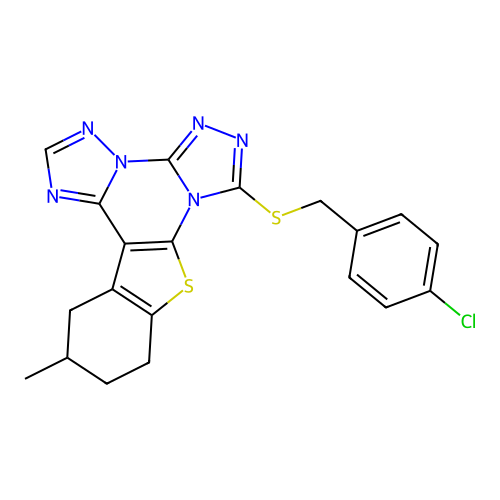 7-((4-chlorobenzyl)thio)-12-methyl-10,11,12,13-tetrahydrobenzo[4,5]thieno[3,2-e]bis([1,2,4]triazolo)[4,3-a:1',5'-c]pyrimidine structure