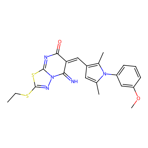 (6E)-2-(ethylsulfanyl)-5-imino-6-{[1-(3-methoxyphenyl)-2,5-dimethyl-1H-pyrrol-3-yl]methylidene}-5,6-dihydro-7H-[1,3,4]thiadiazolo[3,2-a]pyrimidin-7-one structure