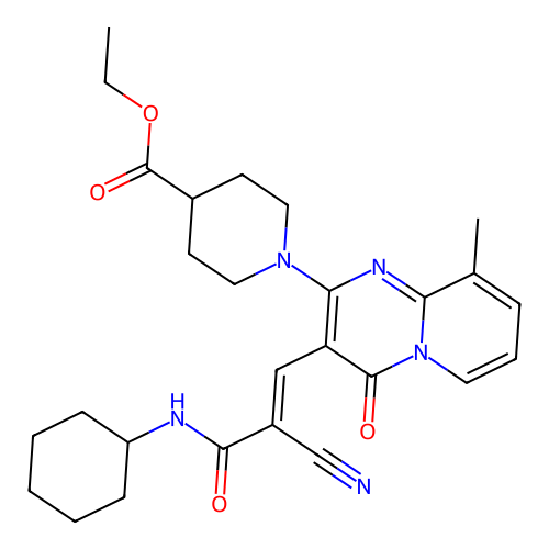 (E)-ethyl 1-(3-(2-cyano-3-(cyclohexylamino)-3-oxoprop-1-en-1-yl)-9-methyl-4-oxo-4H-pyrido[1,2-a]pyrimidin-2-yl)piperidine-4-carboxylate structure