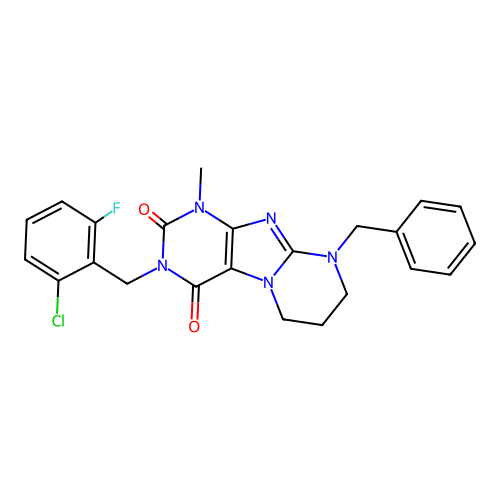 9-benzyl-3-(2-chloro-6-fluorobenzyl)-1-methyl-6,7,8,9-tetrahydropyrimido[2,1-f]purine-2,4(1H,3H)-dione structure