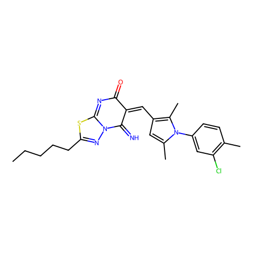 (6E)-6-[[1-(3-chloro-4-methylphenyl)-2,5-dimethylpyrrol-3-yl]methylidene]-5-imino-2-pentyl-[1,3,4]thiadiazolo[3,2-a]pyrimidin-7-one structure