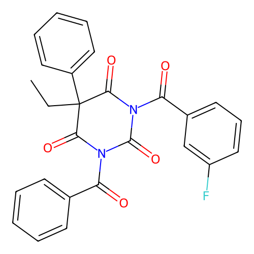 1-benzoyl-5-ethyl-3-(3-fluorobenzoyl)-5-phenyl-1,3-diazinane-2,4,6-trione structure