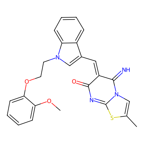 (6Z)-5-imino-6-({1-[2-(2-methoxyphenoxy)ethyl]-1H-indol-3-yl}methylidene)-2-methyl-5,6-dihydro-7H-[1,3]thiazolo[3,2-a]pyrimidin-7-one structure