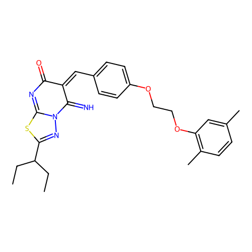 (E)-6-(4-(2-(2,5-dimethylphenoxy)ethoxy)benzylidene)-5-imino-2-(pentan-3-yl)-5H-[1,3,4]thiadiazolo[3,2-a]pyrimidin-7(6H)-one structure