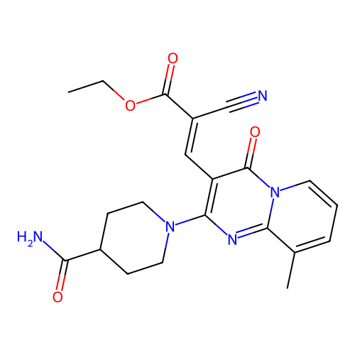 (E)-ethyl 3-(2-(4-carbamoylpiperidin-1-yl)-9-methyl-4-oxo-4H-pyrido[1,2-a]pyrimidin-3-yl)-2-cyanoacrylate structure