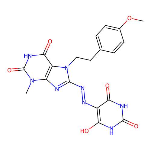 5-(2-(7-(4-methoxyphenethyl)-3-methyl-2,6-dioxo-2,3,6,7-tetrahydro-1H-purin-8-yl)hydrazono)pyrimidine-2,4,6(1H,3H,5H)-trione structure