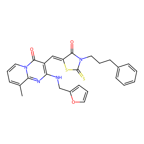 2-[(furan-2-ylmethyl)amino]-9-methyl-3-{(Z)-[4-oxo-3-(3-phenylpropyl)-2-thioxo-1,3-thiazolidin-5-ylidene]methyl}-4H-pyrido[1,2-a]pyrimidin-4-one structure