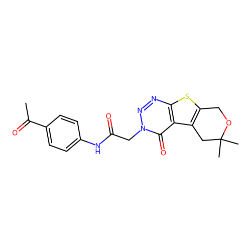 N-(4-acetylphenyl)-2-(6,6-dimethyl-4-oxo-4,5,6,8-tetrahydro-3H-pyrano[4',3':4,5]thieno[2,3-d][1,2,3]triazin-3-yl)acetamide structure