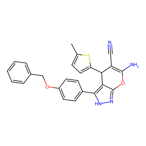 6-amino-3-(4-(benzyloxy)phenyl)-4-(5-methylthiophen-2-yl)-1,4-dihydropyrano[2,3-c]pyrazole-5-carbonitrile structure