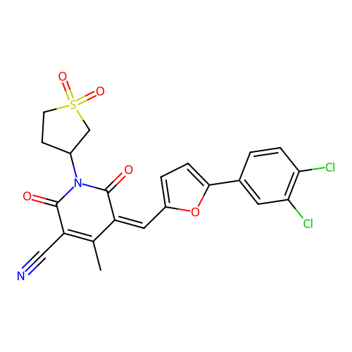5-[[5-(3,4-dichlorophenyl)furan-2-yl]methylidene]-1-(1,1-dioxothiolan-3-yl)-4-methyl-2,6-dioxopyridine-3-carbonitrile structure