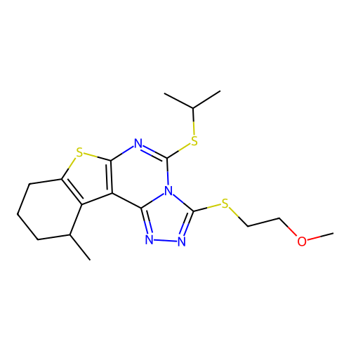 3-[(2-methoxyethyl)sulfanyl]-11-methyl-5-(propan-2-ylsulfanyl)-8,9,10,11-tetrahydro[1]benzothieno[3,2-e][1,2,4]triazolo[4,3-c]pyrimidine structure