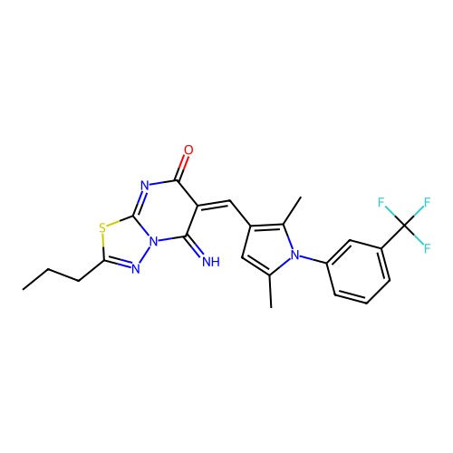(6E)-6-({2,5-dimethyl-1-[3-(trifluoromethyl)phenyl]-1H-pyrrol-3-yl}methylidene)-5-imino-2-propyl-5,6-dihydro-7H-[1,3,4]thiadiazolo[3,2-a]pyrimidin-7-one structure