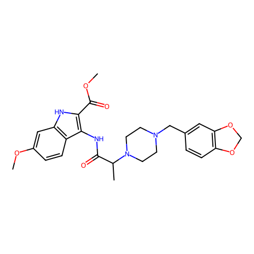 methyl 3-({2-[4-(1,3-benzodioxol-5-ylmethyl)piperazin-1-yl]propanoyl}amino)-6-methoxy-1H-indole-2-carboxylate structure