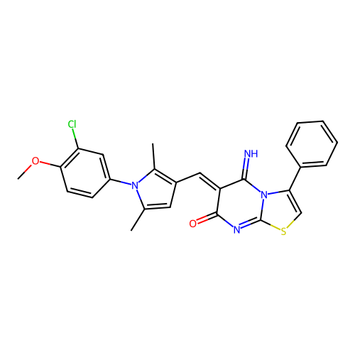 (6Z)-6-[[1-(3-chloro-4-methoxyphenyl)-2,5-dimethylpyrrol-3-yl]methylidene]-5-imino-3-phenyl-[1,3]thiazolo[3,2-a]pyrimidin-7-one structure
