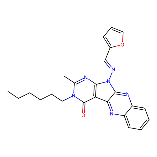 11-{[(E)-furan-2-ylmethylidene]amino}-3-hexyl-2-methyl-3,11-dihydro-4H-pyrimido[5',4':4,5]pyrrolo[2,3-b]quinoxalin-4-one structure