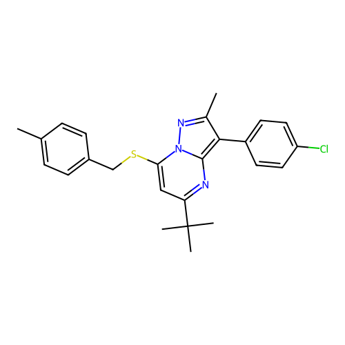5-tert-butyl-3-(4-chlorophenyl)-2-methyl-7-[(4-methylbenzyl)sulfanyl]pyrazolo[1,5-a]pyrimidine structure