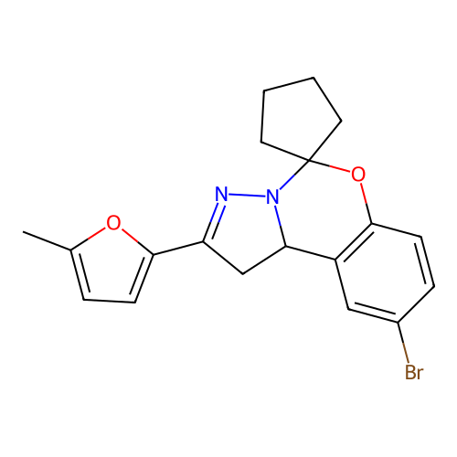 9'-bromo-2'-(5-methylfuran-2-yl)-1',10b'-dihydrospiro[cyclopentane-1,5'-pyrazolo[1,5-c][1,3]benzoxazine] structure