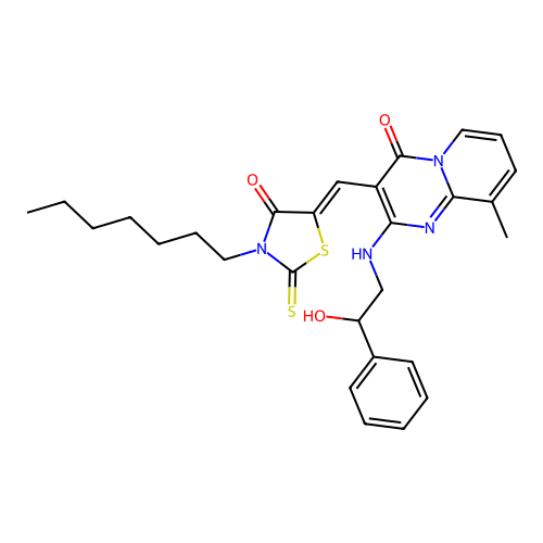 3-[(Z)-(3-heptyl-4-oxo-2-thioxo-1,3-thiazolidin-5-ylidene)methyl]-2-[(2-hydroxy-2-phenylethyl)amino]-9-methyl-4H-pyrido[1,2-a]pyrimidin-4-one structure