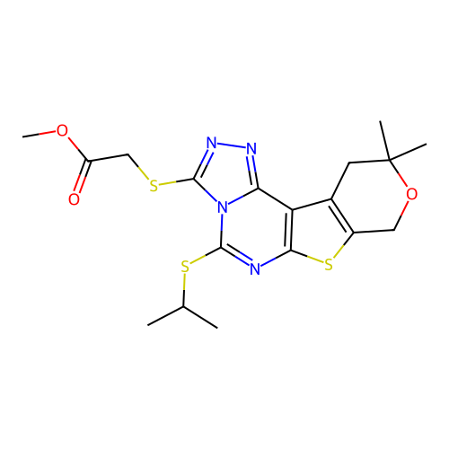 methyl {[10,10-dimethyl-5-(propan-2-ylsulfanyl)-10,11-dihydro-8H-pyrano[4',3':4,5]thieno[3,2-e][1,2,4]triazolo[4,3-c]pyrimidin-3-yl]sulfanyl}acetate structure