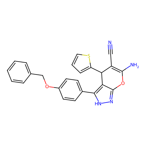 6-amino-3-(4-(benzyloxy)phenyl)-4-(thiophen-2-yl)-1,4-dihydropyrano[2,3-c]pyrazole-5-carbonitrile structure