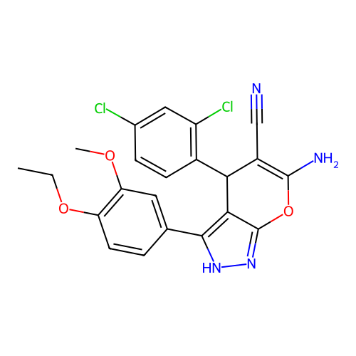 6-amino-4-(2,4-dichlorophenyl)-3-(4-ethoxy-3-methoxyphenyl)-2,4-dihydropyrano[2,3-c]pyrazole-5-carbonitrile structure