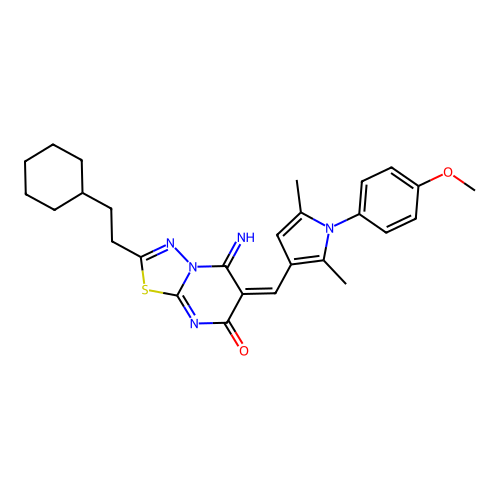 (E)-2-(2-cyclohexylethyl)-5-imino-6-((1-(4-methoxyphenyl)-2,5-dimethyl-1H-pyrrol-3-yl)methylene)-5H-[1,3,4]thiadiazolo[3,2-a]pyrimidin-7(6H)-one structure