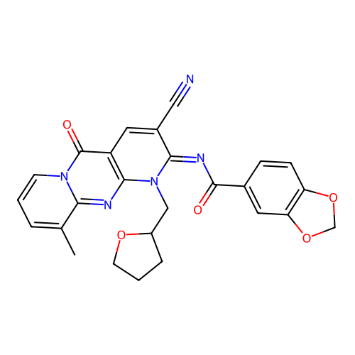 (E)-N-(3-cyano-10-methyl-5-oxo-1-((tetrahydrofuran-2-yl)methyl)-1H-dipyrido[1,2-a:2',3'-d]pyrimidin-2(5H)-ylidene)benzo[d][1,3]dioxole-5-carboxamide structure