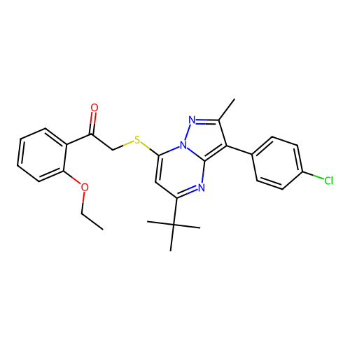 2-{[5-tert-butyl-3-(4-chlorophenyl)-2-methylpyrazolo[1,5-a]pyrimidin-7-yl]sulfanyl}-1-(2-ethoxyphenyl)ethanone structure