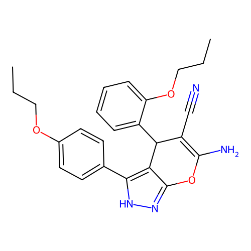 6-amino-4-(2-propoxyphenyl)-3-(4-propoxyphenyl)-2,4-dihydropyrano[2,3-c]pyrazole-5-carbonitrile structure
